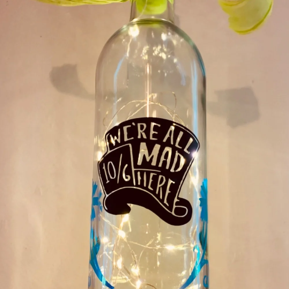 Hand Crafted- ‘We’re All Mad Here’ logo Mad Hat Wine Bottle Lantern